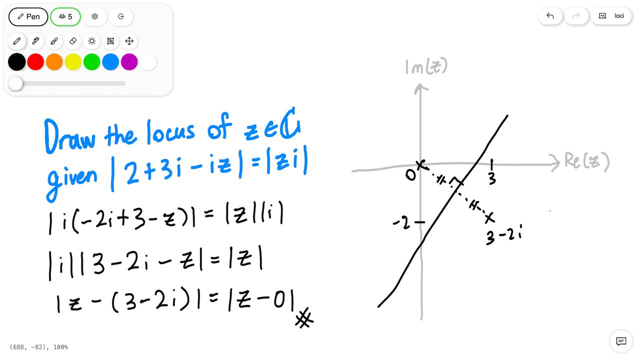 A math question about finding the locus is handwritten, with its locus graph drawn, in Loci
